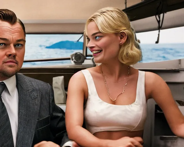 Image similar to leonardo dicaprio as the wolf of wall street next to margot robbie as naomi from the wolf of wall street sitting in a fishing boat, hyper realistic faces, beautiful eyes, cinematic, long shot, hyper detailed, 8 5 mm photograph, 8 k resolution, film still, sharp lens, wide lens