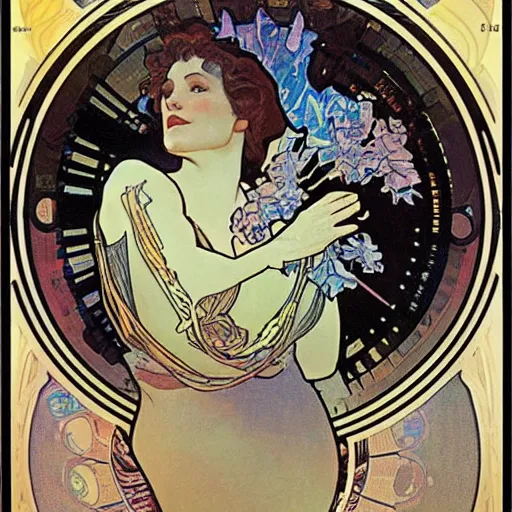 Image similar to a woman floating in a glowing cylinder in a science fiction laboratory by Alphonse Mucha