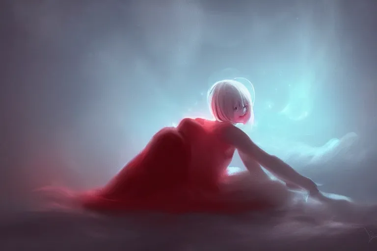 Image similar to a cute robot girl sitting on a cloud relaxing, red lighting, mist, digital art,