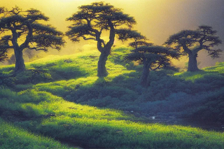 Image similar to masterpiece painting of oak trees on a hillside overlooking a creek, dramatic lighting, by kazuo oga