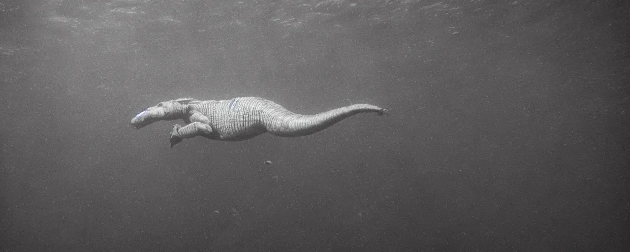 Prompt: an ultra wide colour 3 5 mm film photo of a terrifying reptile humanoid creature, lurking underwater in a public swimming pool, liminal spaces, ritual occult gathering, film grain