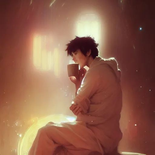 Image similar to A man drinking a cup of cosmic energy bright light, illustration by Ruan Jia and Mandy Jurgens and William-Adolphe Bouguereau, Artgerm, 4k, digital art, surreal, anime style, space dandy style, highly detailed, godsend, artstation, digital painting, concept art, smooth, sharp focus, illustration by Ruan Jia and Mandy Jurgens and William-Adolphe Bouguereau, Artgerm