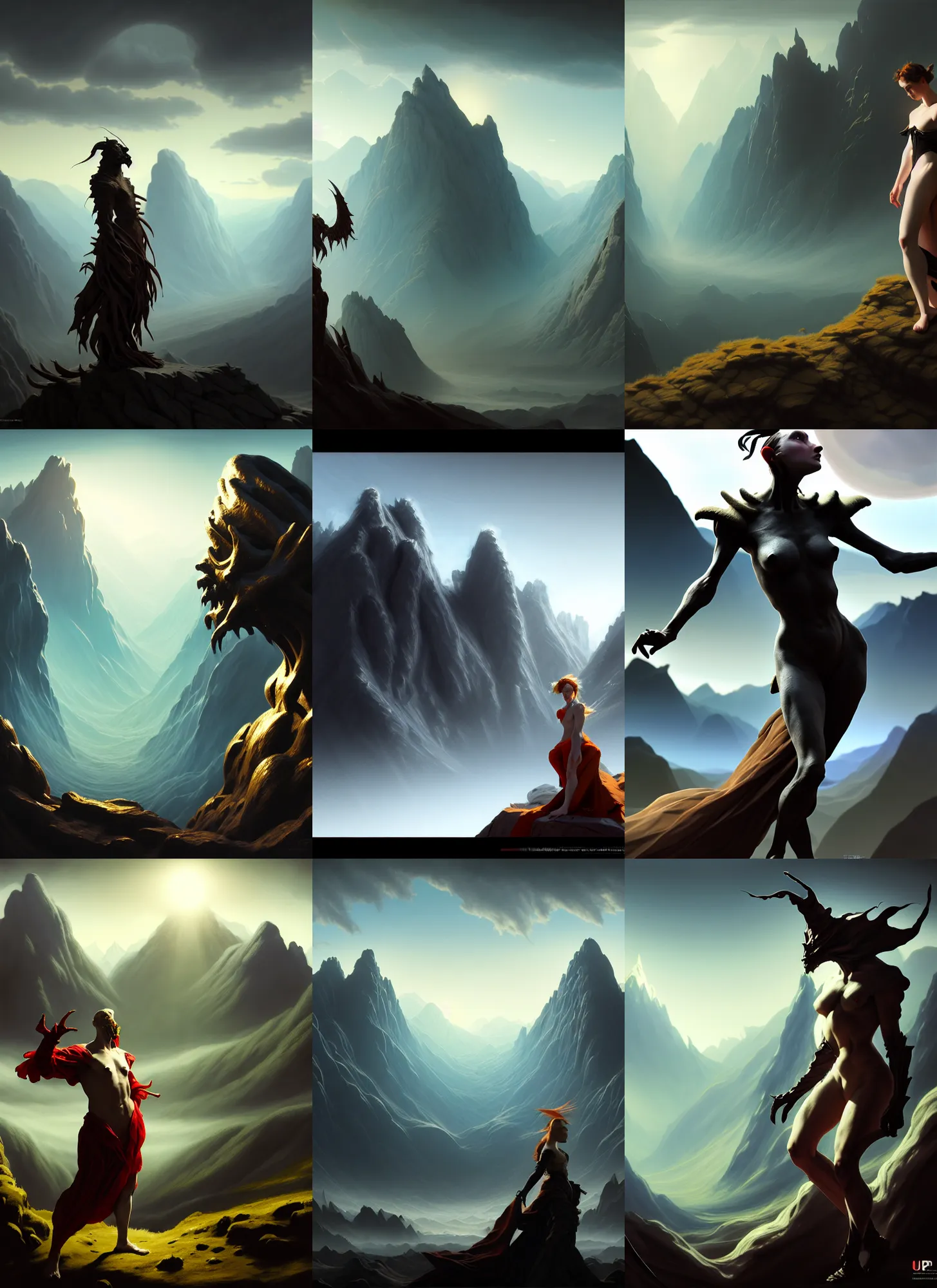 Prompt: ultrawide lens, costume design made by complexity, sophisticated composition, old masters light composition, procedurally generated, drama creature character posing for concept art, dramatic mountains behind, substance designer, PBR, HD, Ultra detailed, hyperrealistic, megascans, volumetric light, concept by master artist, made in paint tool SAI2, trending pixiv aesthetic face