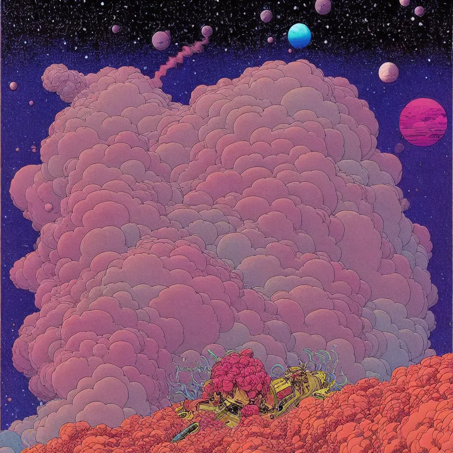 Image similar to ( ( ( ( beautiful flowers and gas cloud in a strange planet ) ) ) ) by mœbius!!!!!!!!!!!!!!!!!!!!!!!!!!!, overdetailed art, colorful, artistic record jacket design