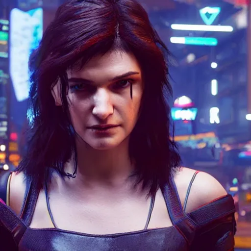 Prompt: a younger rachel weisz in cyberpunk 2 0 7 7, unreal engine 5 4 k, hyperdetailed photorealism