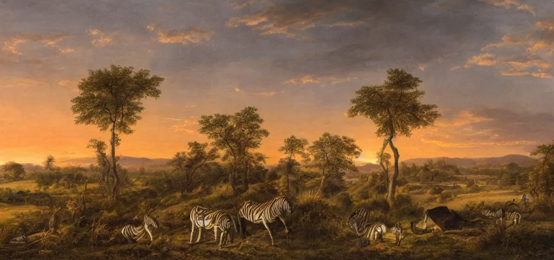 Prompt: Arcadia, in the distance one zebra is watching the sunset, holy grail, photorealistic, masterpiece, award winning landscape photo, hyperdetailed