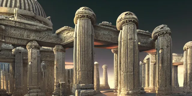 Prompt: beautiful hyperrealistic hyperdetailed epic 3 d render by octane of the mysterious intricate ruins of a temple from an advanced alien starwars civilization under the crescent moon, dramatic lighting