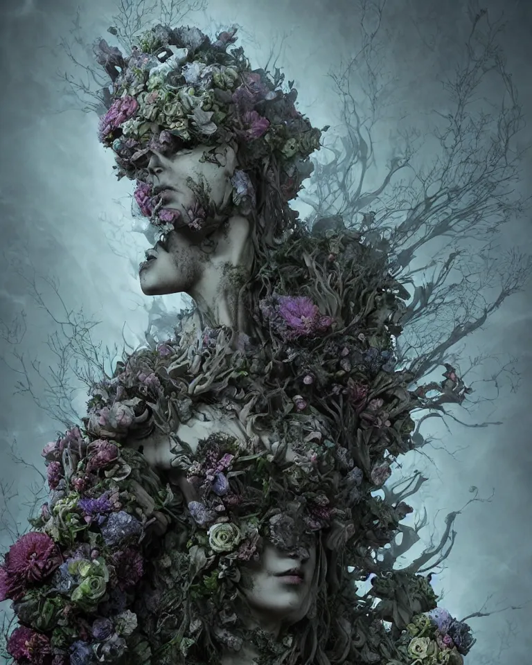 Image similar to portrait of a gothic cemetery statue made of mist and flowers, cosmic horror, mutating into mist, cinematic lightning, Andrew Ferez, Charlie Bowater, Marco Mazzoni, Seb McKinnon, Ryohei Hase, Alberto Seveso, Kim Keever, trending on cgsociety, featured on zbrush central, new sculpture, mystical