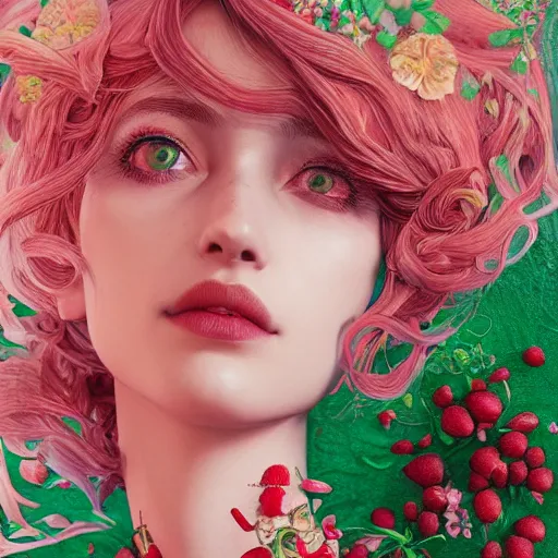 Image similar to the portrait of an absurdly beautiful, graceful, elegant, sophisticated, stylish woman made of strawberries and green petals looking up, an ultrafine hyperdetailed illustration by kim jung gi, irakli nadar, intricate linework, bright colors, octopath traveler, final fantasy, unreal engine 5 highly rendered, global illumination, radiant light, detailed and intricate environment