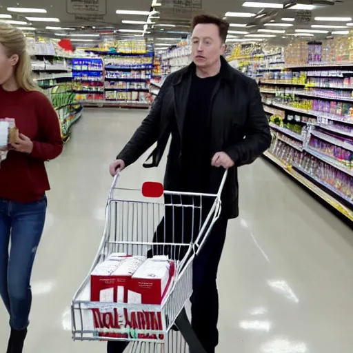 Image similar to Elon Musk and Amber Heard buying pampers at supermarket, paparrazi shot