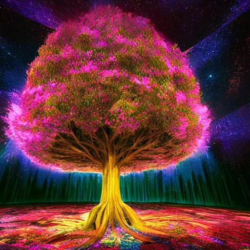 Prompt: giant space tree in the middle of an enchanted forest, 8k, volumetric lighting, detailed, colorful, vibrant, realistic,