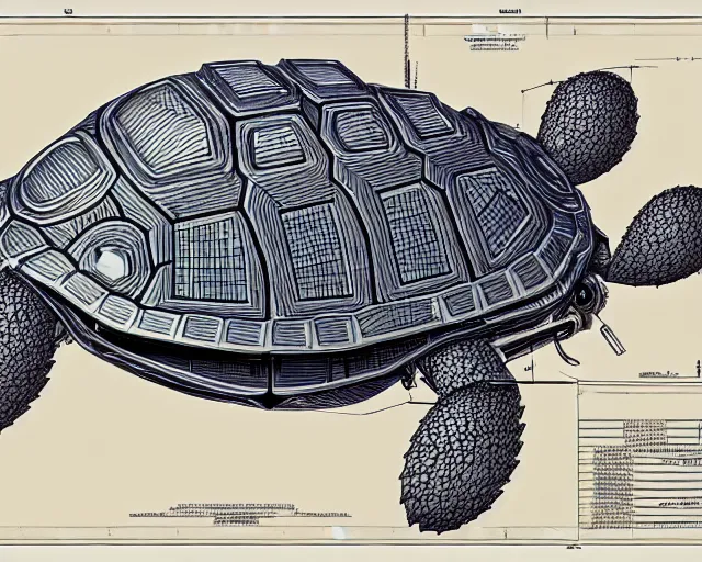 Image similar to a full page of a mechanical blueprint showing a design for a mechanized turtle from howl's moving castle ( 2 0 0 4 ), with a big head, muted colors, post grunge, studio ghibli, hq,