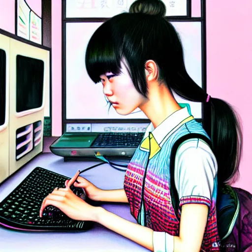 Image similar to full view of taiwanese girl studying at her computer, in taipei, style of yoshii chie and hikari shimoda and martine johanna, highly detailed