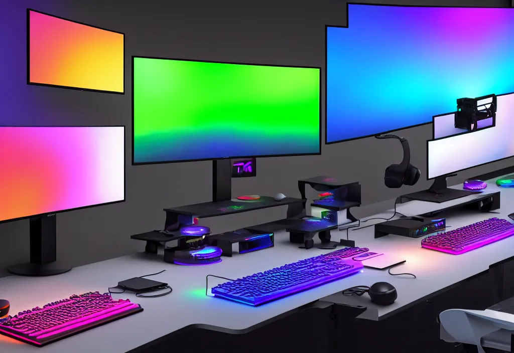 Prompt: the ultimate gaming setup rgb, three monitors, colorful, glossy, octane render, 8 k, detailed, rgb keyboard, rgb mouse, gaming pc, microphone, detailed