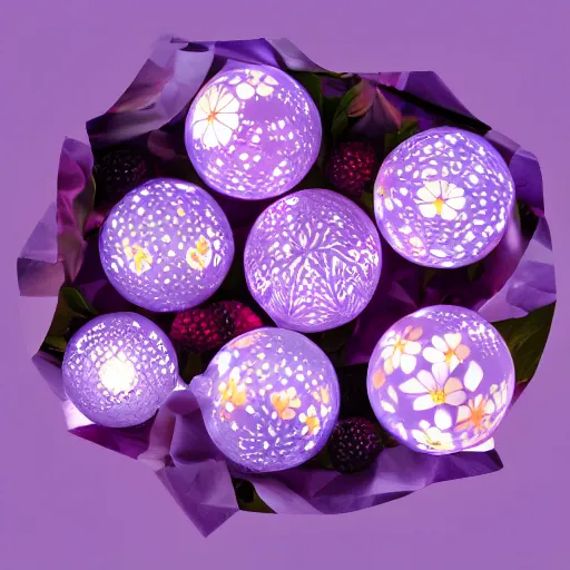 Prompt: 5 translucent luminous spheres, full of floral and berry fillings, in an ocean of lavender color