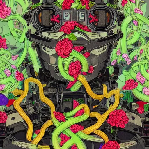 Image similar to colourful vfx art - portrait of army mecha robot wrapped in flowers & vines, art by utagawa kunisada, volumetric light, ray tracing, sharp, detailed, digital painting, illustration, highly detailed, intricate detail, unreal engine, octane render, pinterest, behance, art station,