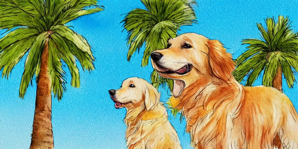 Prompt: portrait golden retriever dog standing in tel aviv street looking at the camera. palm trees. optimistic. digital art. watercolor. highly detailed. drawing. art. colorful. fluffy