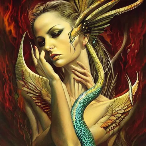 Image similar to the devil and a serpent, ethereal, painting by karol bak