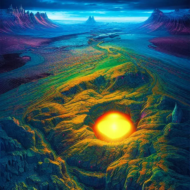 Image similar to fantasy aerial iceland landscape in the form of the human eye, volumetric lighting, colorful, sharp and focus, ultra detailed, beautifully lit landscape, astrophotography, in the art style of dan mumford and marc simonetti