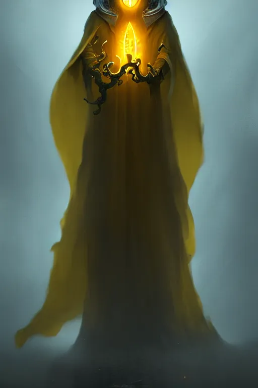 Image similar to A full body portrait of a mysterious character with no face with a very long hooded yellow cloak, a golden crown floating above his head tentacles coming out the ground art by James Paick, and Shaddy Safadi, ominous, cosmic horror, trending on artstation, Ultra detailed, hyper realistic 4k