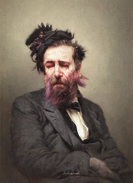 Image similar to a portrait of old man with a pink mohawk by edouard bisson, punk rock, oil painting, muted colours, soft lighting