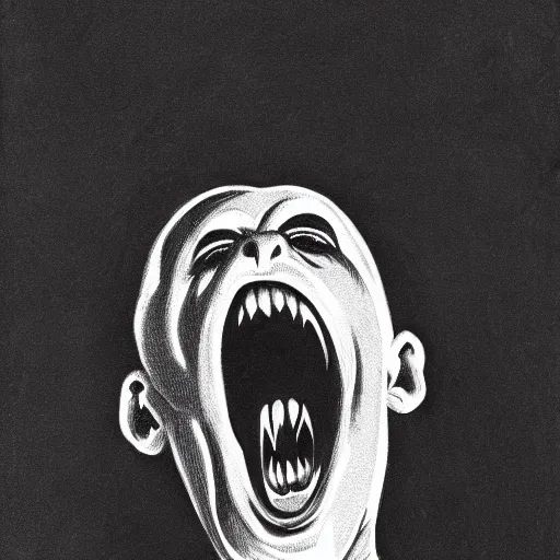 Image similar to surrealist drawing of creature screaming in darkness by francis bacon, risograph, illustration, black and white