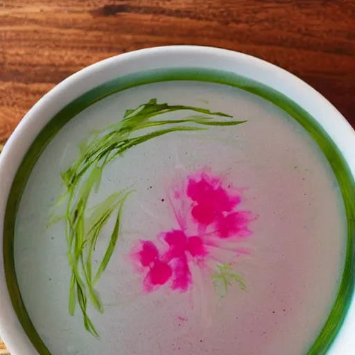 Prompt: waterpaint top view of a bowl of sakura petals soup