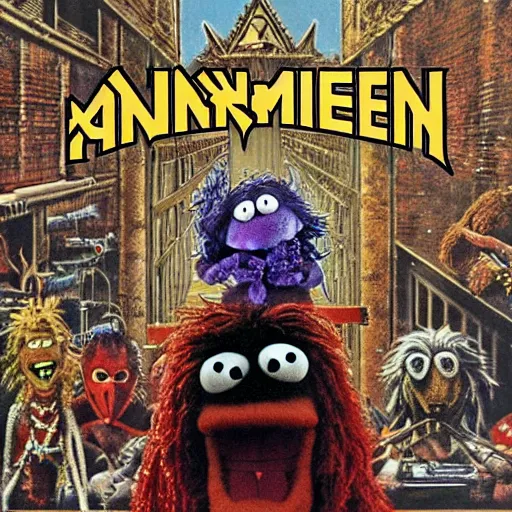 Image similar to animal the muppet on iron maiden album cover, 8 k resolution hyperdetailed scary heavy metal dystopian surrealism