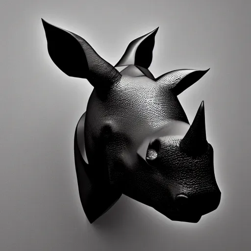 Image similar to rhino head made of black cast iron on a black background. gothic baroque. low poly. symmetry. epic. ominous shapes. hyper detailed.