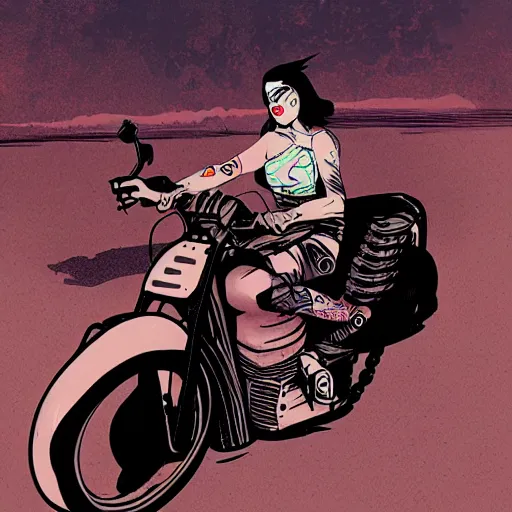 Image similar to a colorful comic noir illustration of a hot tattooed women riding a motorcycle through a post-apocalyptic desert by Queens of the Stone Age and sachin teng, dark vibes, street art, cinematic, high contrast, depth of field