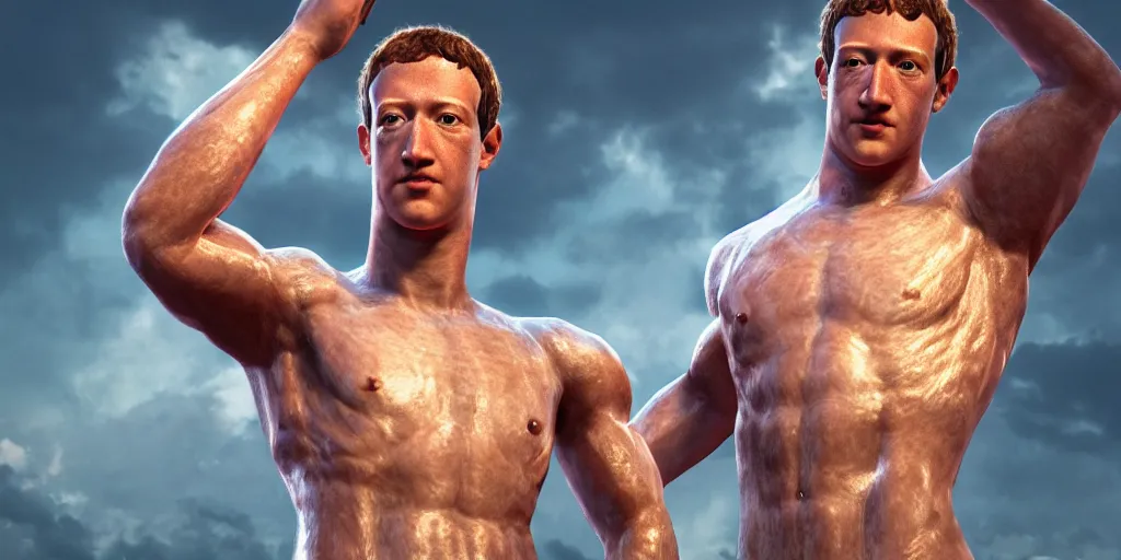 Prompt: professional photograph of a muscular mark zuckerberg as julius caesar, gleaming skin, glowing, sparkling, hyper realistic, digital painting, rendered in unreal 5, octane render, artstation, ambient lighting