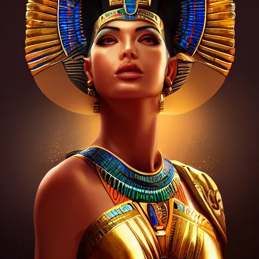 Image similar to a stunning artstation style portrait painting of an Egyptian goddess, in the style of WLOP, eyes filled with a hypnosis spiral, 8k masterpiece, curvy, slim build, full body view, wide view cinematic lighting, pristine clean design, fantasy, insanely detailed, atmospheric