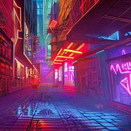 Prompt: aztec city, cyberpunk, techno, neon lights, metal