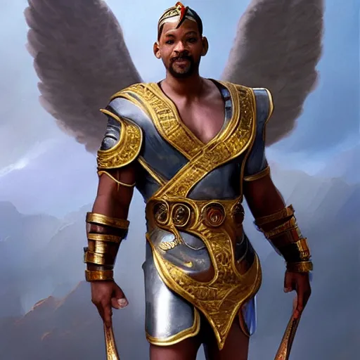 Image similar to will smith dressed as a gladiator and with angel wings fights against demons, matte painting, bold shapes, hard edges, street art, trending on artstation, by huang guangjian and gil elvgren and sachin teng