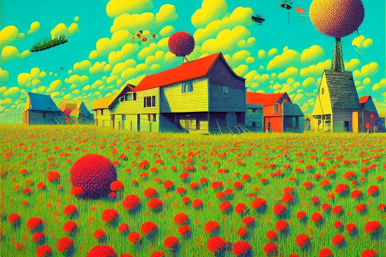 Prompt: surreal glimpse into other universe, texas, summer morning, very coherent and colorful high contrast, art by!!!! gediminas pranckevicius!!!!, geof darrow, floralpunk screen printing woodblock, dark shadows, hard lighting, stipple brush technique,
