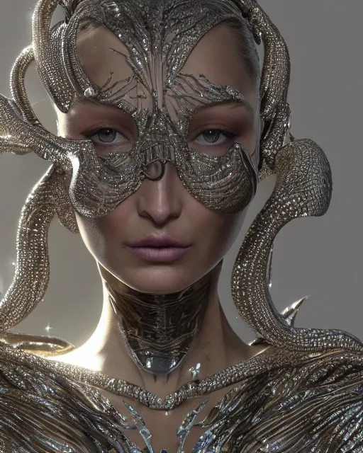 Image similar to a highly detailed metahuman 4 k close up render of an alien goddess bella hadid as alien in iris van herpen dress schiaparelli in diamonds crystals swarovski and jewelry iridescent in style of alphonse mucha gustav klimt trending on artstation made in unreal engine 4