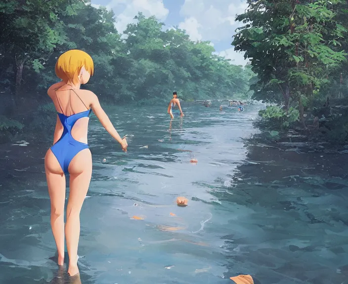 Image similar to a girl wearing a blue bathing suit wading in the river, trees bent over the river, shady, ripples, facing the camera, inviting, atmospheric lighting. By Makoto Shinkai, Stanley Artgerm Lau, WLOP, Rossdraws, James Jean, Andrei Riabovitchev, Marc Simonetti, krenz cushart, Sakimichan, trending on ArtStation, digital art.