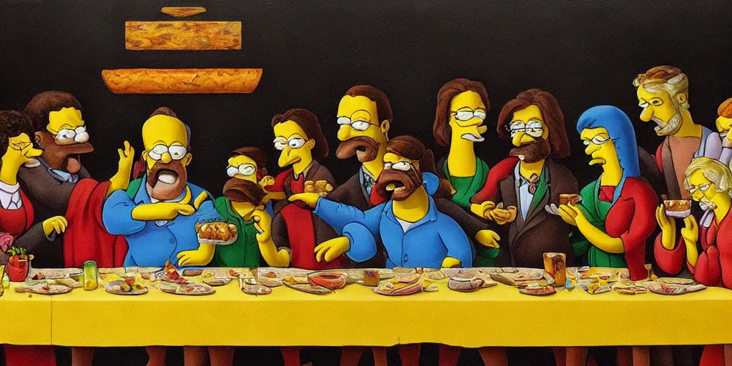 Image similar to last supper styled as simpsons, art, trending in artsation, winning award painting, oleo style,