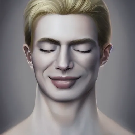 Image similar to A pregnant blond androgynous man with closed eyes smiling, very detailed sharp angular pale white masculine face, (12x) extremely pale white skin, hooked nose and square jaw long fluffy curly blond hair, light blond hair, gorgeous, beautiful, intricate, highly detailed, digital painting, artstation, concept art, sharp focus, illustration, art by greg rutkowski and alphonse mucha