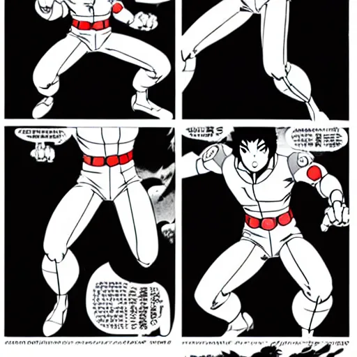 Image similar to action pose page layout, art by osamu tezuka, art by yoshitaka amano, white suits, space soldiers, anime style