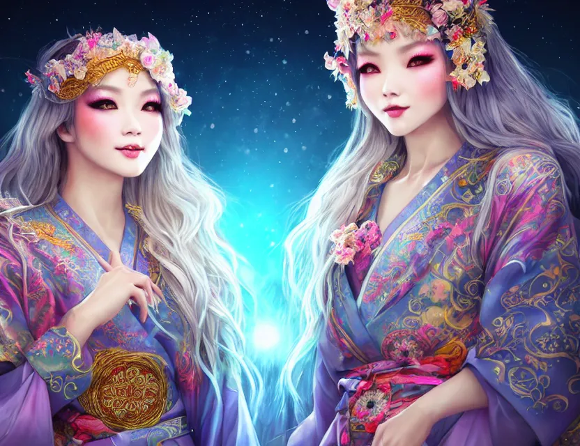 Image similar to two beautiful alluring siberian girls wear fantasy kimono in festival | | sunny night, full moon, dreamlike art, realistic shaded, smile, good looking, hyper details, 4 k realistic, cryengine, realistic shaded lighting poster by artgerm, ross tran, fuji choko, 8 k resolution, trending on artstation, luxury