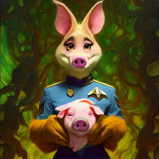 Image similar to a female pig canine in starfleet uniform at night in a dark forest. zootopia fursona furaffinity furry art detailed face painting by gaston bussiere craig mullins jc leyendecker gustav klimt artgerm greg rutkowski furry