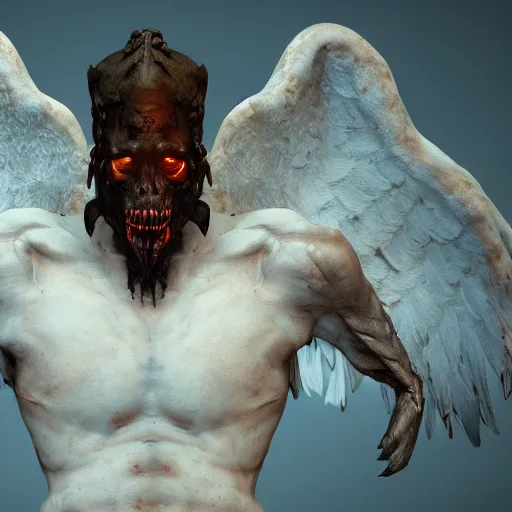 Image similar to cinematography picture of monster with angel wings and human skin, no eyes, long jaw, holding a spear, 8k, unreal engine 5, ps5, hyperrealistic, artstation, higly detailed