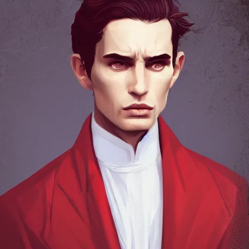 Prompt: portrait of a regal prince with sharp cheekbones, white clothes, high collar, close up, wistful melancholic hopeful expression, super details, angry people behind him furious and red, modern digital art, matte painting, science fiction