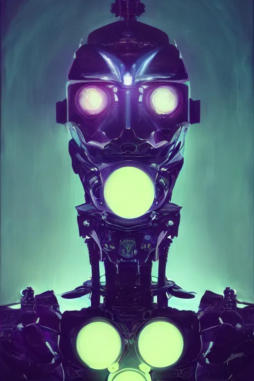 Prompt: portrait of an ominous mysterious bright futuristic robotic religious figure addressing its followers, oil on canvas, gothic style, ornate, elegant, highly detailed, concept art, trending on artstation