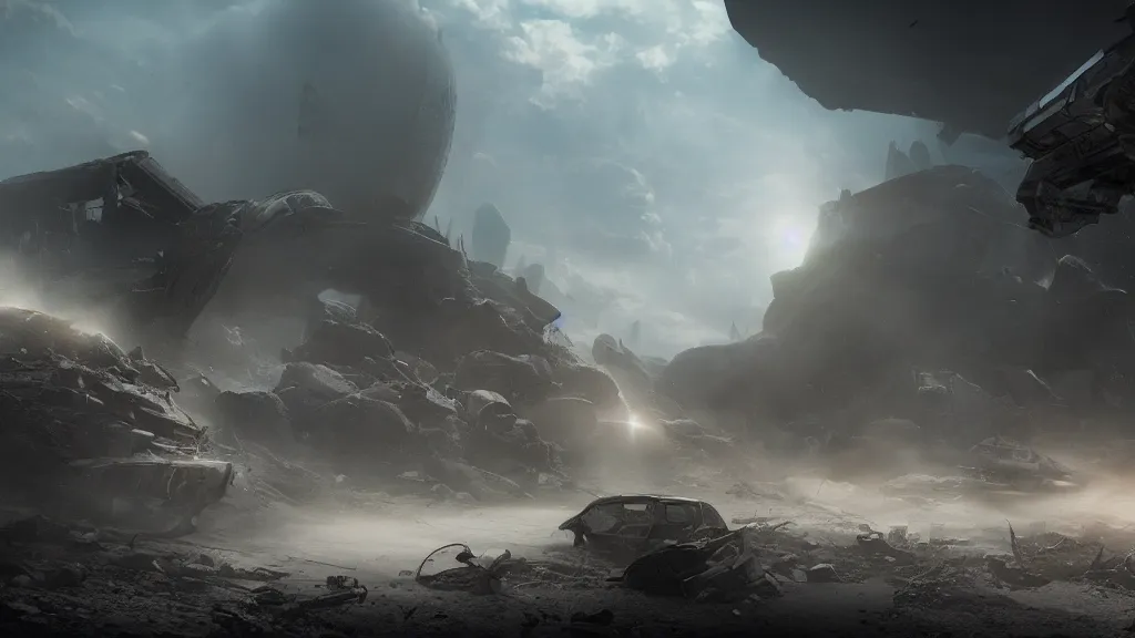 Image similar to an epic battle between two alien civilizations over a destroyed earth, scifi post apocalyptic scene with volumetric fog, cinematic lighting