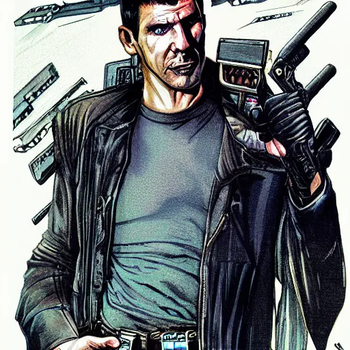 Prompt: rick deckard from blade runner colored digital illustration by Mark Brooks