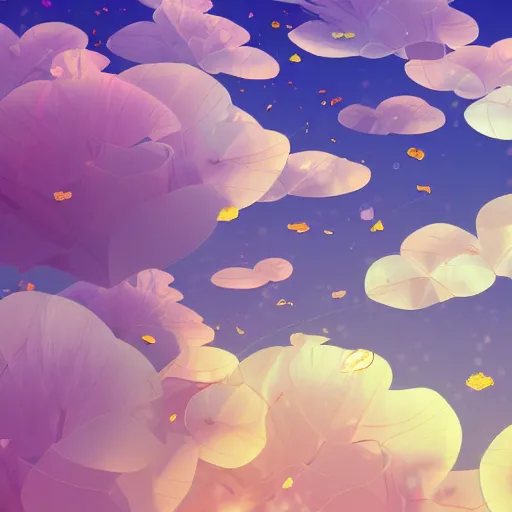 Image similar to background art of spaciously scattered flower petals flowing and floating through the blowing swirling directional wind from left to right on a simple cloudy sky background, big puffy clouds, large individual rose petals, angular background elements, polygonal fragments, anime, artgerm, manga, trending on artstation, art nouveau, mature color scheme