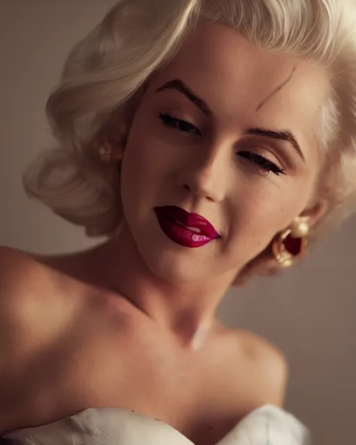 Image similar to Beautiful Head and shoulders portrait of smiling flirty seductive Marilyn monroe with platinum blonde hair, wearing a camisole by arney freytag, artstation, 35mm, fashion photoshoot, laying on a bed in a photo studio, golden hour, bokeh, rim lighting, fashion pose, octane, 4k