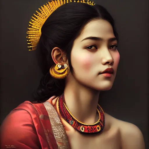 Image similar to beautiful young bihu queen ; portrait by artgerm and tom bagshaw ; trending on artstation ; award winning, cinematic natural dramatic lighting, studio photography by annie leibovitz